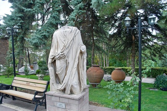 A headless statue named "the Public Speaker" from Roman period at the garden of the Museum of Anatolian Civilizations. A museum holding artifacts from up to 7500 years. Ankara Turkey.