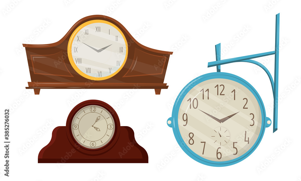 Poster different clocks as device for measuring and indicating time vector set