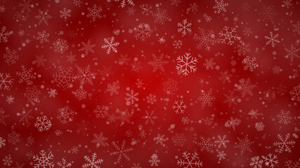 Christmas background of snowflakes of different shapes, sizes and transparency in red colors