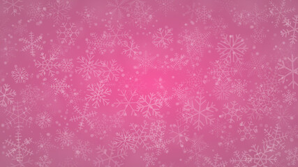 Christmas background of snowflakes of different shapes, sizes and transparency in pink colors