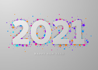 Happy 2021 New Year banner. Paper numbers over multicolored confetti. Vector illustration.