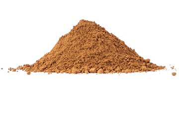 Heap of cacao powder isolated on white background.  Dark Cacao powder isolated over  white background. Pile of cocoa powder isolated