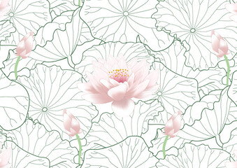 Lotus leaf pattern. monotone with drawing line art. Tropical Leaves background.