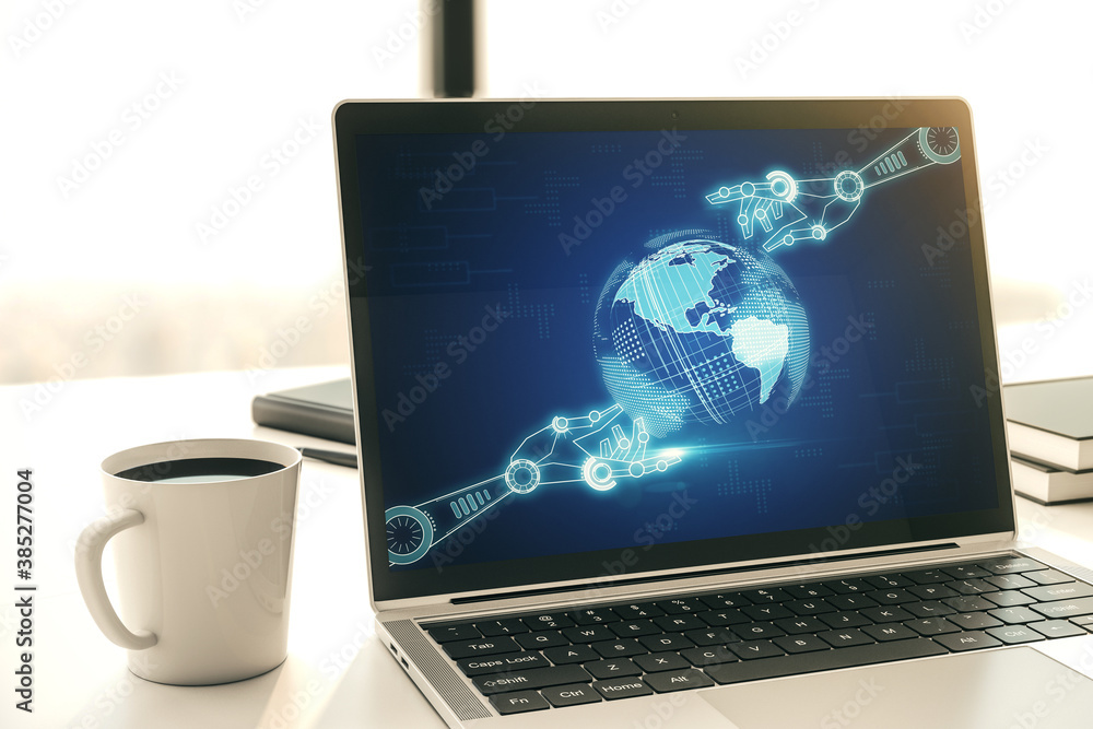 Poster creative abstract robotics technology sketch with globe on modern laptop monitor, future technology 