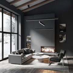 Home interior, modern interior of a dark living room with a mansard roof, fireplace in the living room, rest zone, 3d rendering