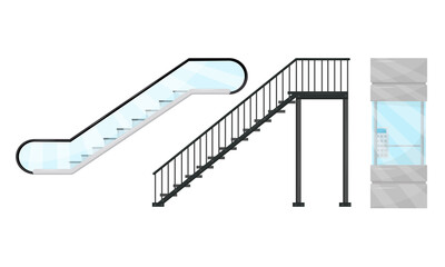 Stairway, Elevator and Escalator as Vertical Distance with Steps Vector Set