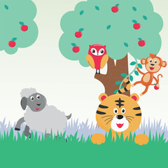 Obraz na płótnie Canvas Jungle animals. Vector illustration of tiger, sheep, bird and monkey in the jungle or forest.