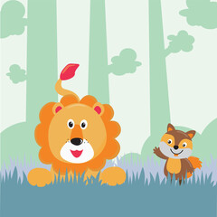 Fototapeta premium Lion farm nature background composition with cartoon style Creative vector childish background for fabric, textile, nursery wallpaper, poster, card, brochure. Vector illustration background.