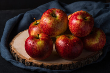 Naklejka na ściany i meble Red apples on a wooden board on a dark background. Natural product. Healthy eating.