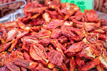 Sun dried Italian tomatoes at the grocery market