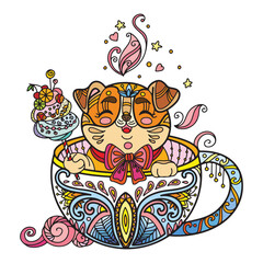 Colored kawaii cute dog in a cup