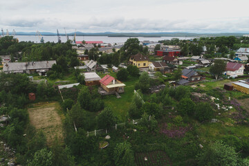 Aerial Townscape of Suburb of the Town Kandalaksha located in Northwestern Russia