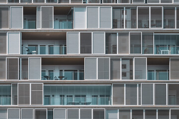 Frontal view of the shutters and balconies of an urban building