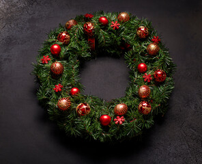 Fototapeta na wymiar a wreath of fir branches decorated with red christmas balls on a dark background