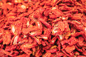 Full frame of  sun dried Italian tomatoes at the grocery market (Selective focus)