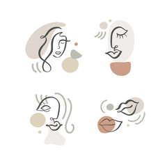 Continuous line, abstract drawing of set faces and hairstyle, fashion concept, woman beauty minimalist, vector illustration for t-shirt, slogan design print graphics style