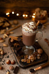 hot chocolate cocoa with whipped cream and grated chocolate