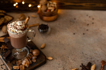 hot chocolate cocoa with whipped cream and grated chocolate