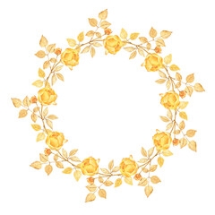 Elegant golden wreath of roses on a white isolated background. Hand-drawn watercolor illustration. Template for cards, invitations, web design and more. 