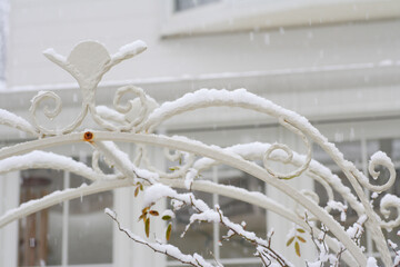 雪が降り積もった庭のアーチ