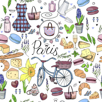 Seamless pattern made of different symbols related to France, travelling and Paris. Blue and yelllow color. Endless texture for fashion and travel design,elements on white