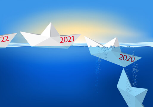 Carte de vœux 2021 montrant des bateaux en papier qui se succèdent à la queue leu leu, avant de couler à pic pour symboliser l’année qui s’achève et disparaît dans le passé.