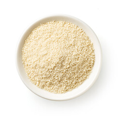 Bowl of breadcrumbs isolated on white, from above