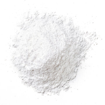 Heap of baking powder isolated on white, from above