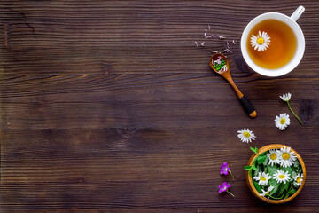 Cup of herbal tea with wild herbs and wild flowers