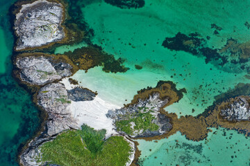 Fototapeta na wymiar Aerial view of beach, islands and turquoise ocean in Lofoten Norway