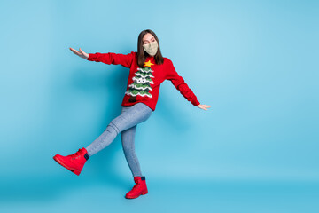 Full length photo of girl wear medical mask christmas tree pullover sweater boots isolated over blue color background