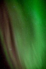 An abstract image of the northern lights against a star-packed sky vertical stripes of green merge...