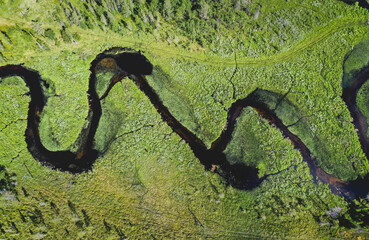 Aerial view of a meandering river in Finnish Lapland
