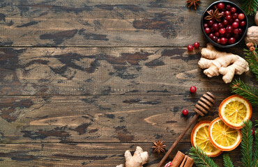 New Year's decoration with fir. Hot drink ingredients. Morse.