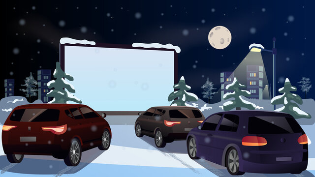 Winter cinema for cars in the open air. Night winter city with cars watching Christmas and New Year movie premieres on a big screen. Parking with snow and trees and a lantern. Vector