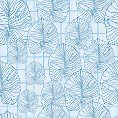 Random seamless doodle pattern with nature monstera outline print. Hawaii tropical ornament with blue contour and chequered background.