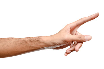 Male caucasian hand touching or pointing to something isolated on white background.