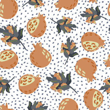 Pale seamless pattern with orange and blue ganet and branches print. White dotted background. Fruit simple backdrop.