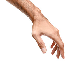 Male caucasian hand reach and ready to help or receive. Gesture isolated on white background.