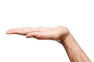 isolated of male caucasian hand holding something like a bottle or can.