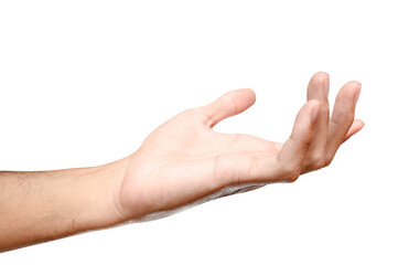 Male caucasian hand reach and ready to help or receive. Gesture isolated on white background.