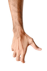 isolated of male caucasian hand holding something like a bottle or can.
