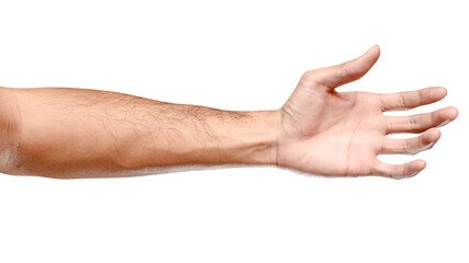 Male caucasian hand reach and ready to help or receive. Gesture isolated on white background.