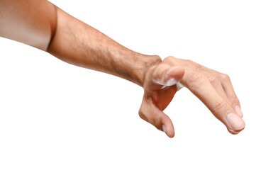 Male caucasian hand touching or pointing to something isolated on white background.