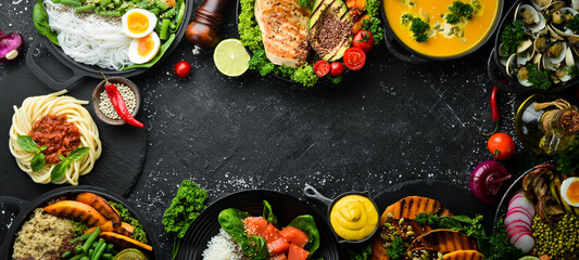 Food background: pasta, chicken, pumpkin, salad, meat, mushrooms, vegetables. On a black stone background. Top view. Free space for text.
