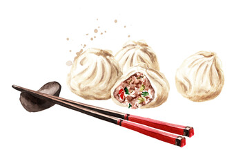 Bamboo chopsticks and traditional chinese dumplings Dim sum. Hand drawn watercolor illustration, isolated on white background