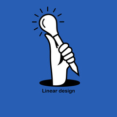 Creative idea black linear icon. Hand holding pencil with bright glowing light bulb. Innovation, solution. Success in education, work project. Vector illustration flat design. Isolated on background.