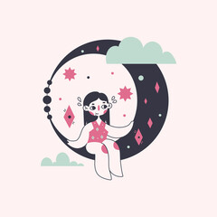 Hand drawn cute girl sitting on the Moon. Vector illustration.