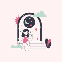 Hand drawn cute girl sitting on the steps on the background of the arch with the moon and sun. Vector illustration.