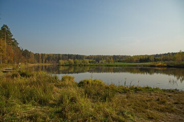 Sunny autumn day on the pond in the city park.